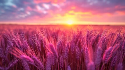 Sticker -  a field of wheat at sunset with the sun setting in the distance and a pink sky in the foreground.