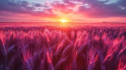 Sticker -  a sunset over a field of wheat with the sun setting in the middle of the field and clouds in the sky.