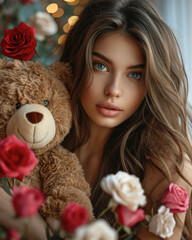 Wall Mural - beautiful young woman with a teddy bear on a background of flowers