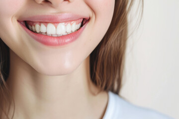 Wall Mural - Radiant Smile: Captivating Close-Up of a Youthful Teenage Beauty Showcasing Immaculate Teeth in a Dental Advertisement. Featuring a Lovely Girl with Chic, Flowing Hair Against a Clean White Background