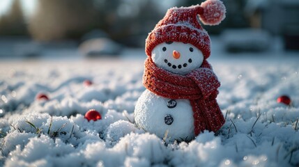 Poster -  a snowman in a red hat and scarf standing in a field of snow with a red ornament.