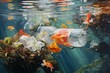 © Eirene - Plastic debris and bottle in water. Generative AI