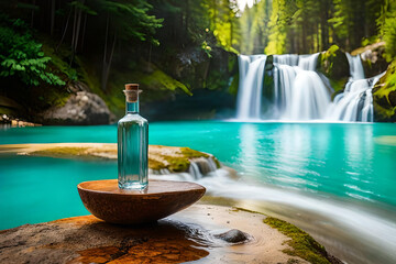 glass bottle presentation in a beautiful lagoon