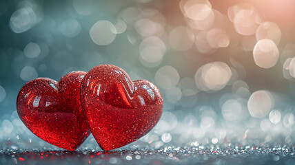 Valentines day Background of two red heart shape love made with glowing glitter bokeh image