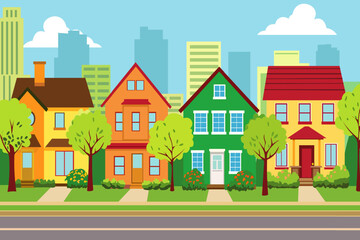 Wall Mural - Beautiful country houses with lawns, green grass, flowers and trees against the backdrop of the city. Private houses against the backdrop of metropolis silhouettes in a cartoon style. Vector illustrat