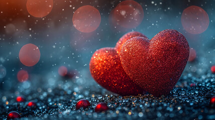 Valentines day Background of two red heart shape love made with glowing glitter bokeh image