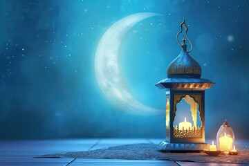 Arabic lantern with candle and crescent moon on blue background. Generative AI