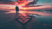 "Embraced By The Horizon: Valentine's Unity On The Sands Of Twilight" Silhouette Of A Couple Embracing At Sunset On A Quiet Beach, A Heart Drawn In The Sand Around Their Feet,