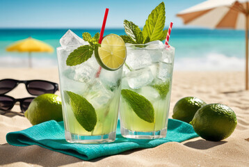 Mojito cocktail in a clear glass with alcohol, rum, sugar, lime, mint leaves, soda, ice, arranged on a sandy beach. for advertising media It is usually popular in summer. Refreshing drinks