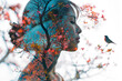 Double exposure portrait of woman blended with nature, blossoming trees and birds on white background. Spring concept.