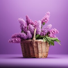 Wall Mural - Bouquet of lilac flowers in a basket on purple background . Springtime Concept. Mothers Day Concept with a Copy Space. Valentine's Day with a Copy Space.	