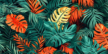 Colorful Tropical Leaves And Flowers. Unusual Design Of Colorful Vegetation