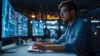 © EAphotography - Cybersecurity Analyst Monitoring Data on Multiple Computer Screens in a Dark Office