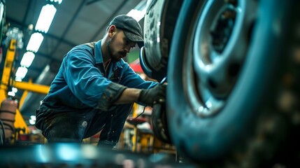 Dedicated Mechanic Adjusting Vehicle Tire in Workshop