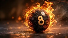 8 Ball On Fire, Dark Fantasy, Black Eight Ball Snooker Ball With Flames Around It Edges And Signs Of Extreme Heat, Generative Ai