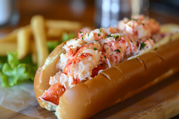 Wall Mural - A lobster roll, a culinary delight originating from New England, features succulent lobster meat cradled in a buttery, toasted split-top roll, elevated by a harmonious blend of mayo, lemon, and herbs