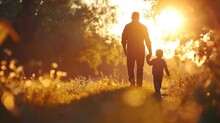 Little Son, Dad Hold Hands Close Up In Nature In Sun. Child Father Walk In Park At Sunset, Family Trust Concept. Parent, Kid Boy Outing Together. Adoption Of Child. Happy Family,