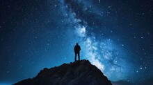 Man On The Mountain Peak At Starry Night. Silhouette Of Alone Guy, Blue Sky With Bright Stars In Summer. Galaxy.
