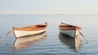 two charming wooden rowboats, their hulls gently touching, set against a serene white background, capturing the tranquil beauty of a lakeside rendezvous.