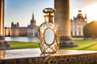 luxurious perfume flacon with golden ornament in a magnifiscient french castle garden 