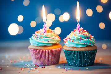 Wall Mural - Delicious birthday cupcakes with birthday cake candles on a blue background with copy space for text