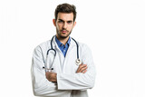 Fototapeta Na drzwi - portrait of happy young male doctor arm crossed on white isolated background