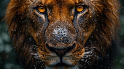 Poster -  a close up of a lion's face with drops of water on it's face and it's face looking at the camera with a blurry background.