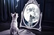a little dog puppy standing in front of a mirror, what you see inside the mirror is a giant wolf howling to the Moon