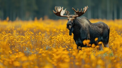 Poster -  a moose standing in a field of yellow flowers with his huge antlers hanging out of it's antlers to the side of his face and his head.