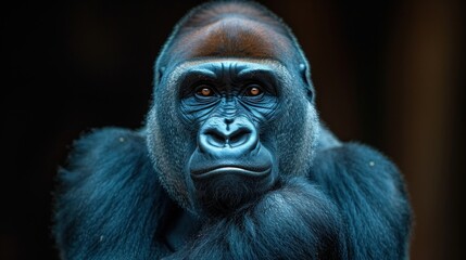 Wall Mural -  a close up of a gorilla's face with a serious look on it's face, with a black background and a blurry image of the gorilla's head.