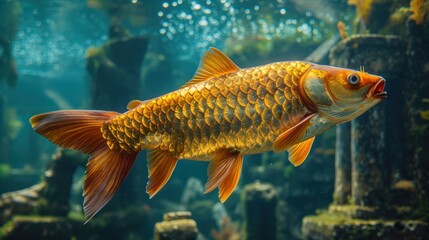 a close up of a goldfish in an aquarium with other fish in the water and onlookers watching from the bottom of the tank and onlookers.