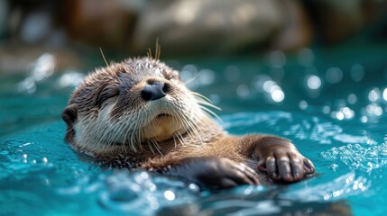 Wall Mural -  a close up of a sea otter floating in a body of water with its head above the water's surface, with its eyes closed and mouth wide open.