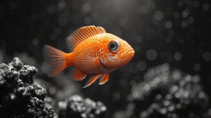  a close up of a goldfish in a black and white photo with bubbles in the water and a black rock in the foreground and a black and white background.