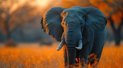 Canvas Print -  an elephant with tusks standing in a field of tall grass with trees in the background and the sun shining on the grass and trees in the foreground.