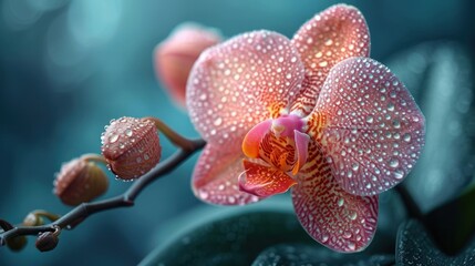 Poster -  a close up of a pink flower with drops of water on it's petals and a green leaf in the foreground with a blue sky in the background.