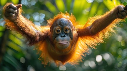 a baby oranguel hanging upside down in a tree with its hands in the air and looking at the camera with a smile on it's face and arms.