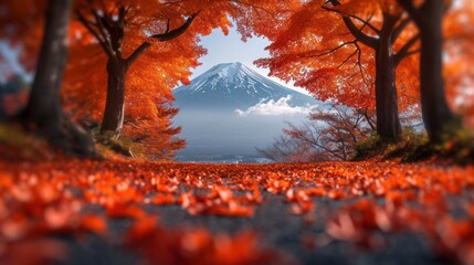 Canvas Print -  a view of a mountain through a forest with leaves on the ground and in the foreground, there are trees with orange leaves on the ground and in the foreground.