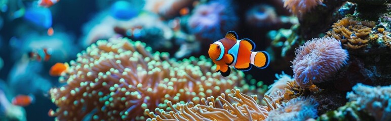 Sticker - Landscape with clown fish on the bottom of the sea among corals, marine life concept.