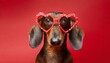 portrait of frustrated dachshund dog in dark heart shaped glasses on red background without emotions indifference in relationship stylized valentine day accessory party gift dating site advertising