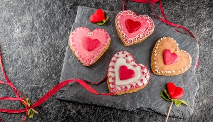 Wall Mural - valentine s day cookies on a black stone