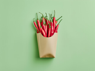 Creative red chili peppers packed in a french fries  paper box placed on a light green background. Minimal chili food concept. Copy space.