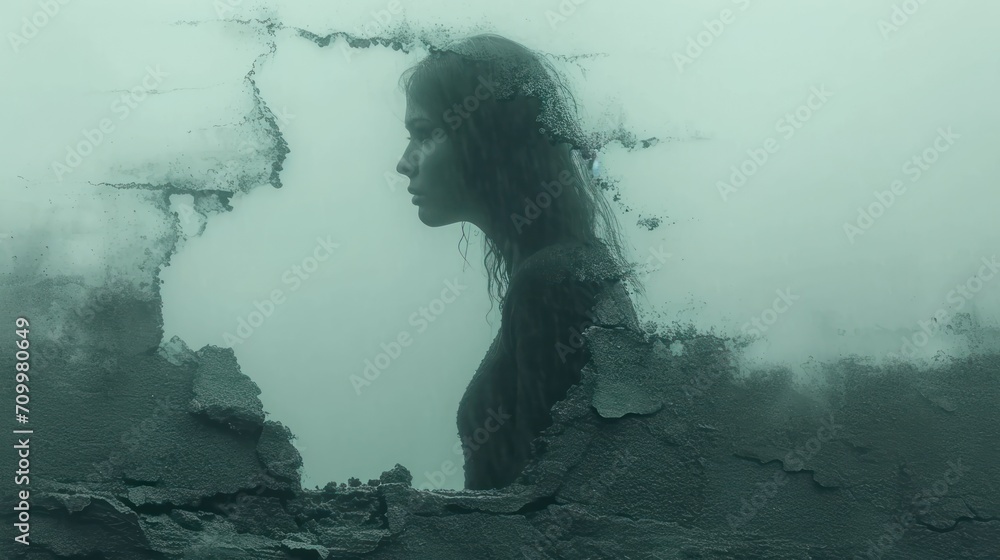 a woman's face is seen through a hole in the wall of a building that ...