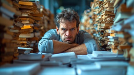 Sticker -  a man sitting at a table in front of stacks of books with a serious look on his face as he looks at the camera with a serious look on his face.