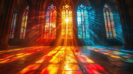 Poster -  a large cathedral with stained glass windows and a bright light coming from the stained glass windows in the center of the room is lit by the sun's rays.