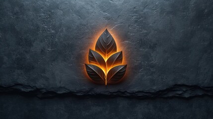 Wall Mural -  a picture of a leaf on a stone wall with a bright light coming from the center of the leaf on the left side of the picture is a dark background.