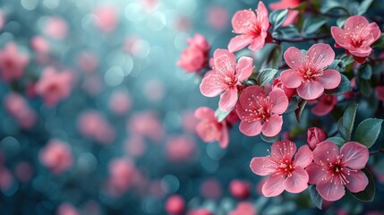 Sticker -  a bunch of pink flowers that are blooming on a branch in front of a blurry background of blue, green, and pink flowers in the foreground.