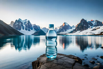 bottle of mineral water in front of a mountain lake , freshness and purity