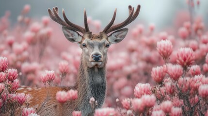 Wall Mural -  a close up of a deer in a field of flowers with it's head looking at the camera with a blurry background of pink flowers in the foreground.