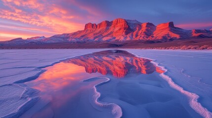 Poster -  a large body of water sitting in the middle of a snow covered field with a mountain range in the background and a pink and blue sky in the foreground.