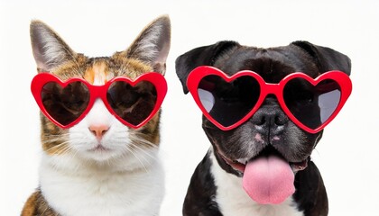 Wall Mural - valentiners day set of dogs and cats with heart shaped sunglasses cute pet for pet shop banners and veterinary clinic promotions on background png